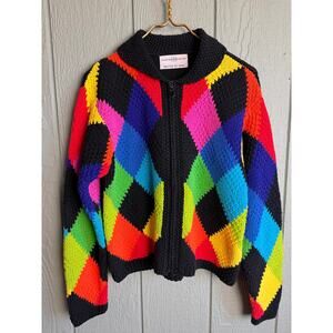 Vintage Marisa Christina Hand-Knitted Rainbow Argyle Sweater Zip Front Size L